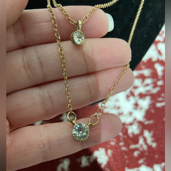 Gold Tone Layer Necklace With Solitary Rhinestone on each Layer. - Picture 2 of 3